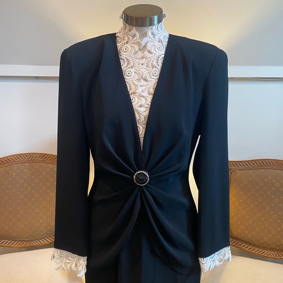 Vintage 80s 90s Black Blazer Jacket and Skirt Suit Set with Lace Details, Office - Picture 2 of 16